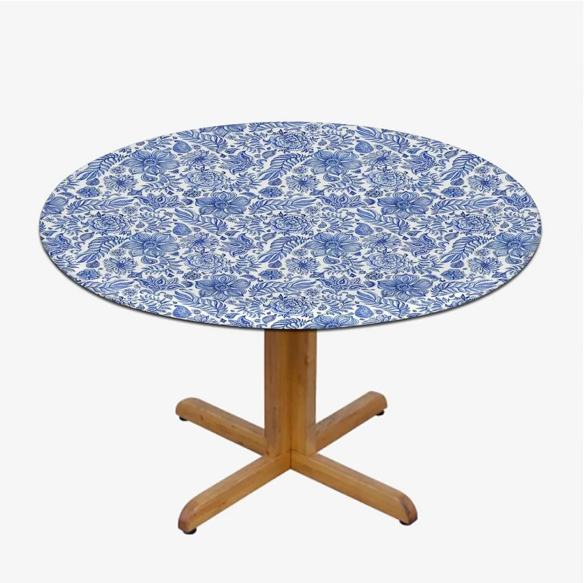 Blue Elastic Edged Polyester Fitted Table Cover Porcelain Style Traditional Pattern Colors Elastic Edge, Waterproof and wipeable Flower Leaves Fit for 40"-43" Table