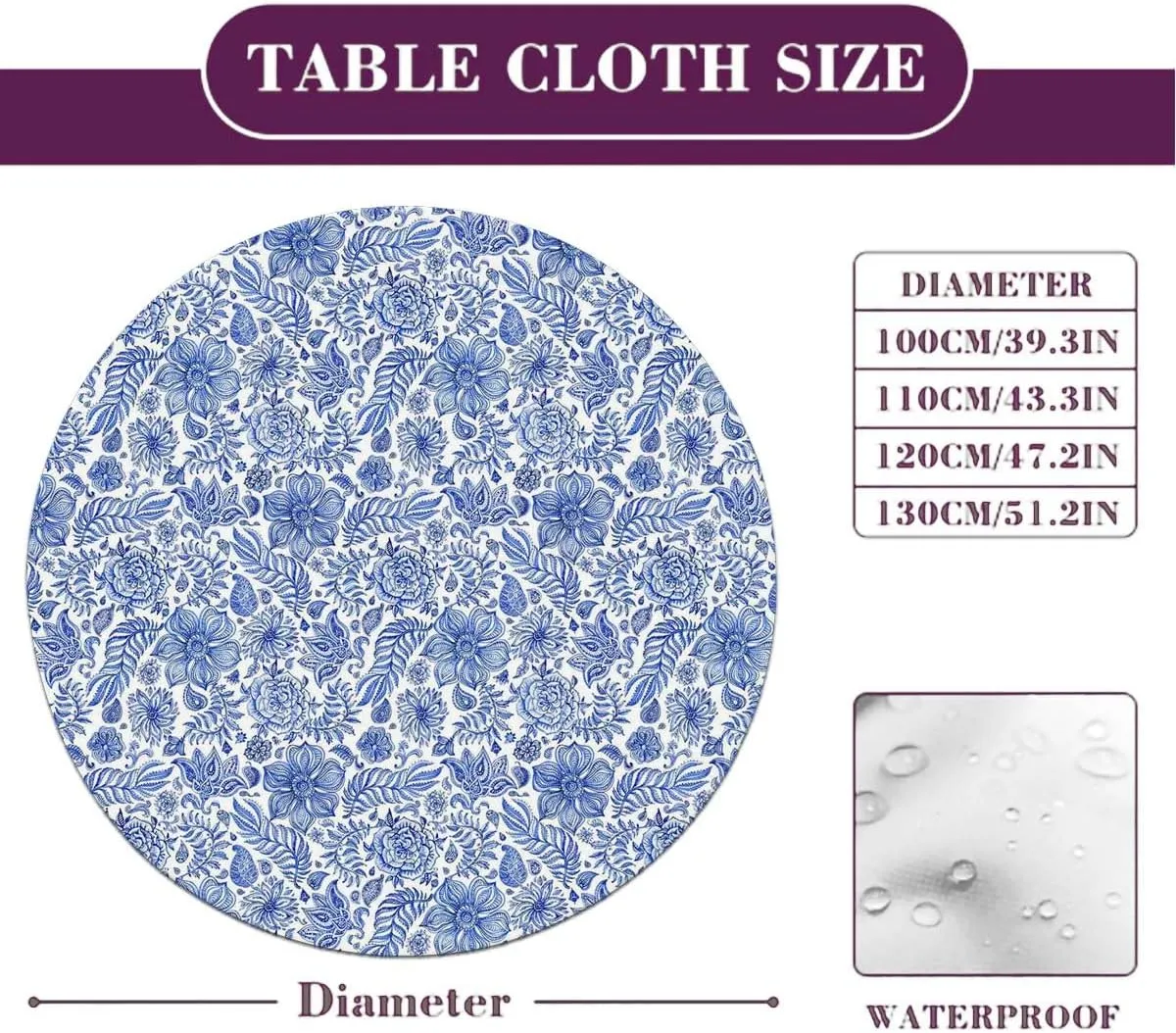 Blue Elastic Edged Polyester Fitted Table Cover Porcelain Style Traditional Pattern Colors Elastic Edge, Waterproof and wipeable Flower Leaves Fit for 40"-43" Table