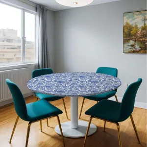 Blue Elastic Edged Polyester Fitted Table Cover Porcelain Style Traditional Pattern Colors Elastic Edge, Waterproof and wipeable Flower Leaves Fit for 40"-43" Table