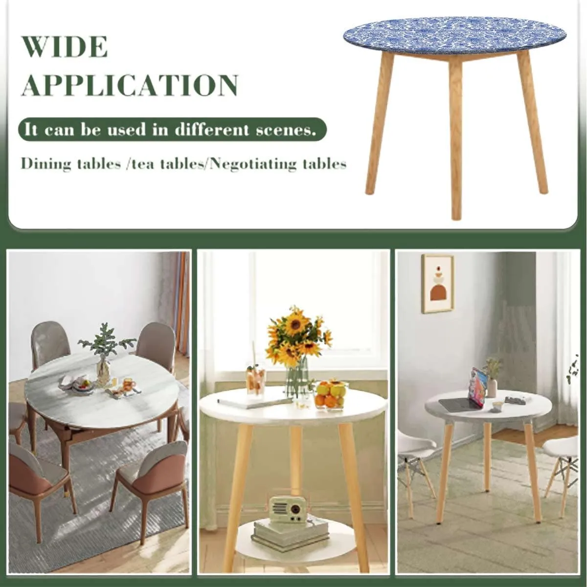 Blue Elastic Edged Polyester Fitted Table Cover Porcelain Style Traditional Pattern Colors Elastic Edge, Waterproof and wipeable Flower Leaves Fit for 40"-43" Table