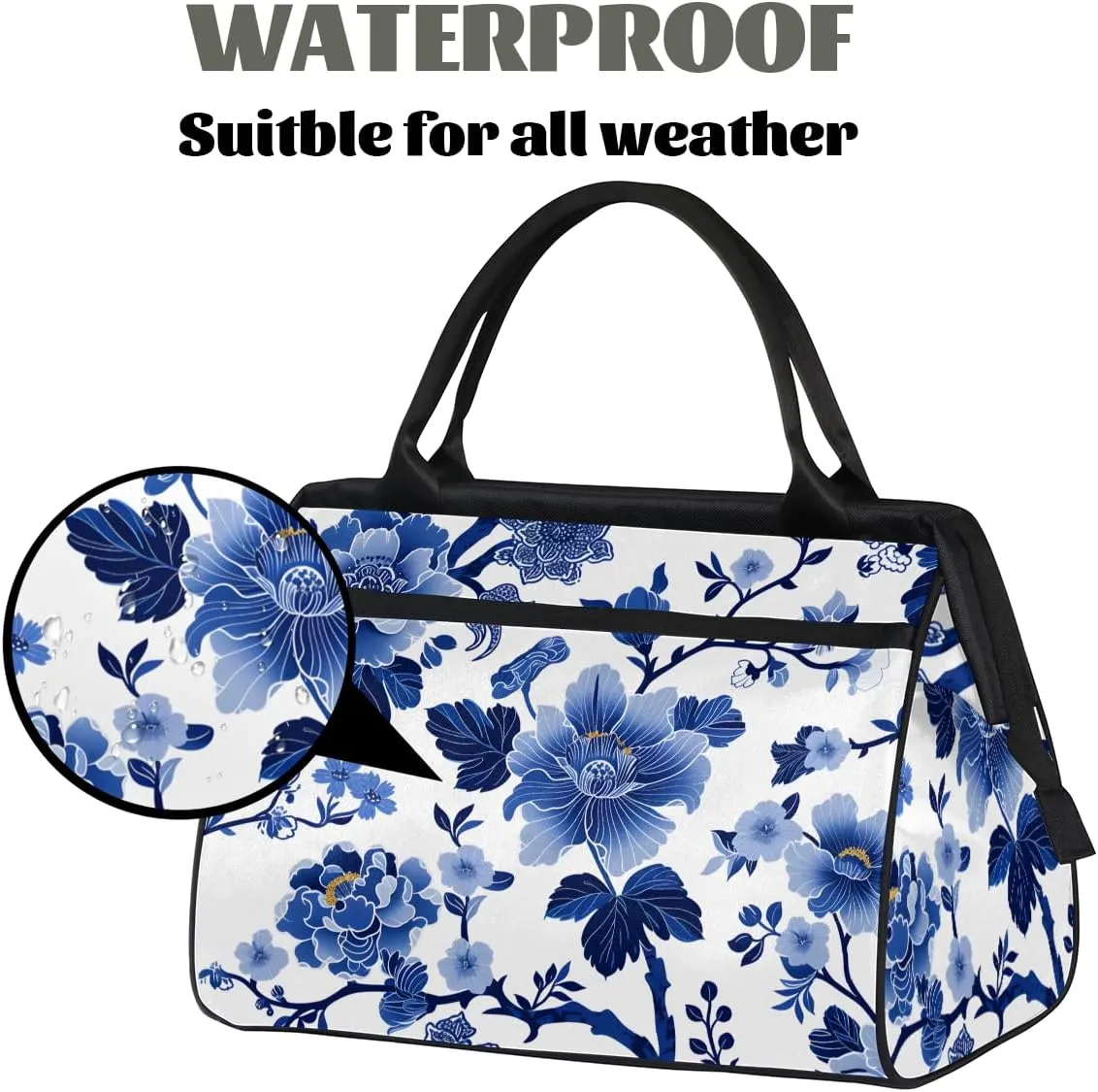 Blue Flower Leaves Weekender Overnight Bag for Women Waterproof Carry On Travel Duffle Bags with Pocket Lightweight Sports Gym Tote Bag Large Luggage Workout Personal Item Hospital Bags