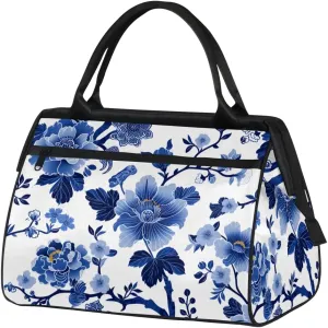 Blue Flower Leaves Weekender Overnight Bag for Women Waterproof Carry On Travel Duffle Bags with Pocket Lightweight Sports Gym Tote Bag Large Luggage Workout Personal Item Hospital Bags