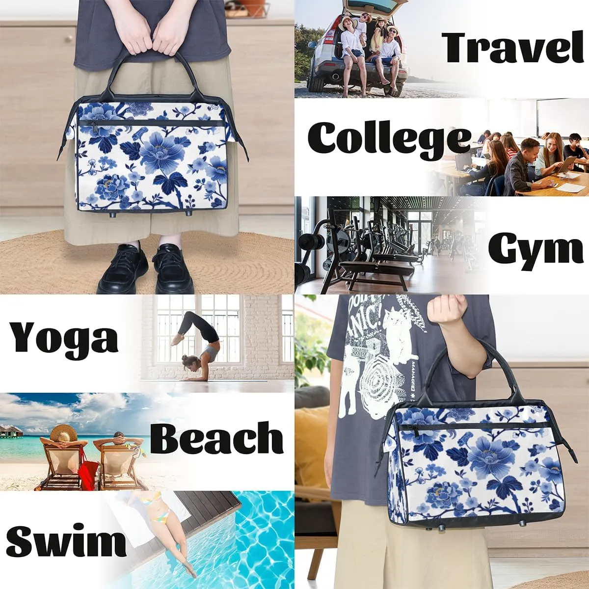 Blue Flower Leaves Weekender Overnight Bag for Women Waterproof Carry On Travel Duffle Bags with Pocket Lightweight Sports Gym Tote Bag Large Luggage Workout Personal Item Hospital Bags