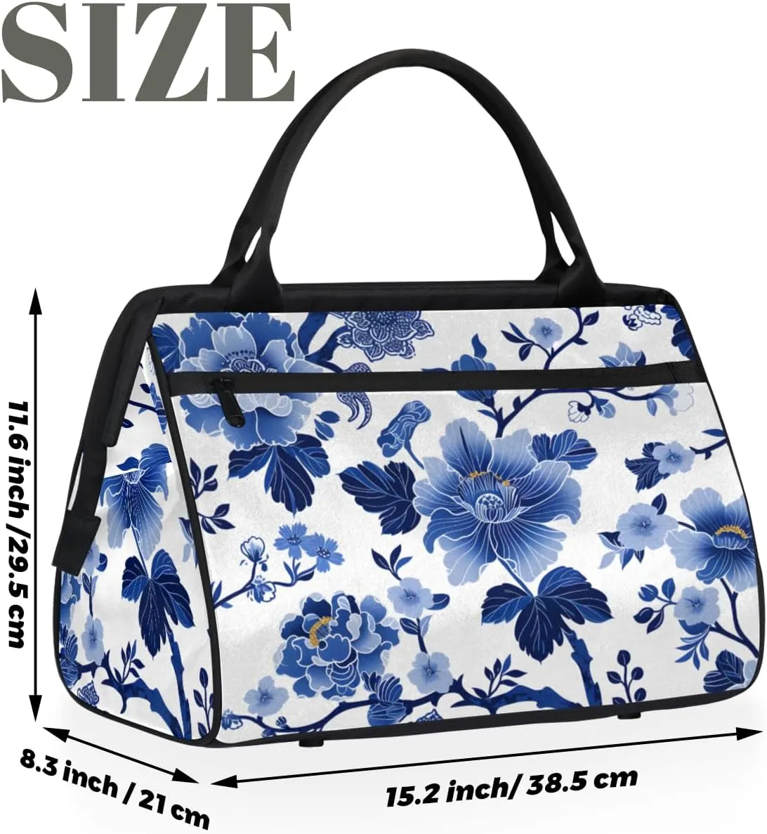 Blue Flower Leaves Weekender Overnight Bag for Women Waterproof Carry On Travel Duffle Bags with Pocket Lightweight Sports Gym Tote Bag Large Luggage Workout Personal Item Hospital Bags