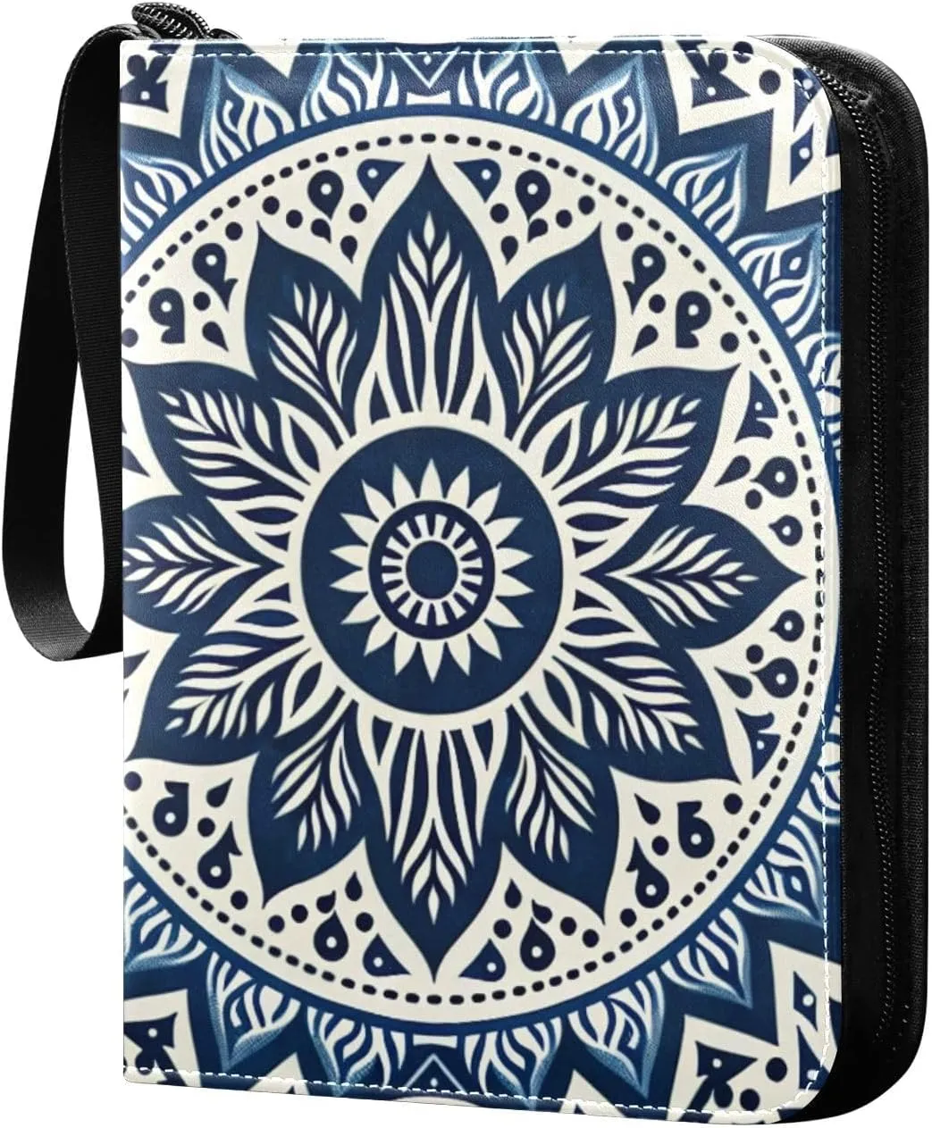 Blue Flower Mandala Card Binder 4 Pocket Trading Card Album Fits 400 Sports/Game Cards, PU Cover 3 Ring Card Collection with 50 Removable Sleeves