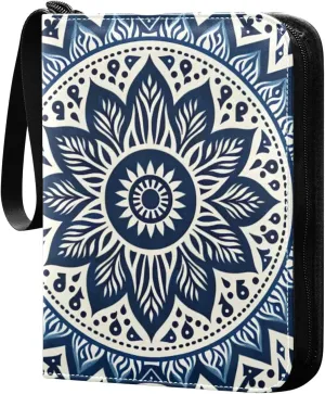 Blue Flower Mandala Card Binder 4 Pocket Trading Card Album Fits 400 Sports/Game Cards, PU Cover 3 Ring Card Collection with 50 Removable Sleeves