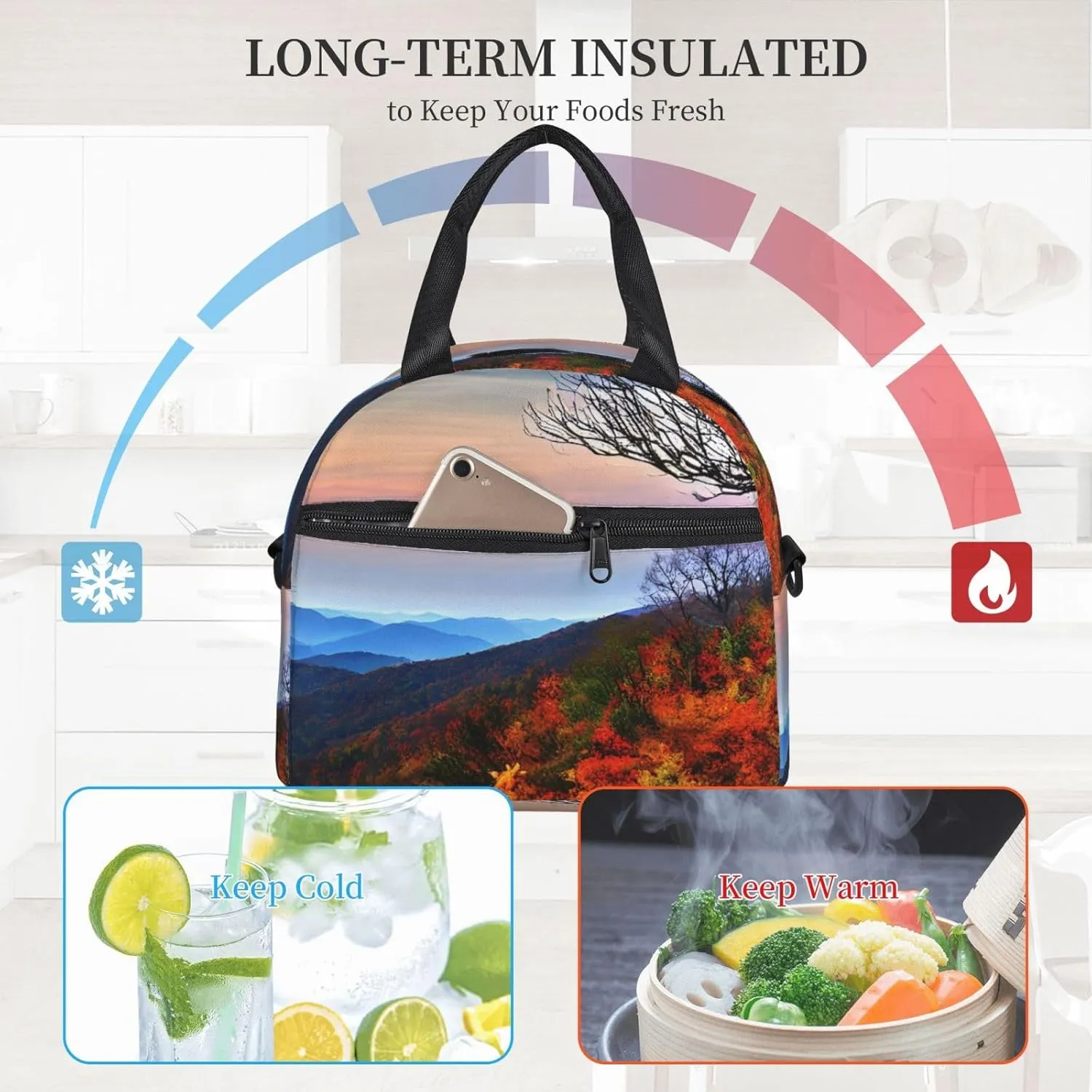 Blue Ridge Mountains Insulated Lunch Bag With Adjustable Shoulder Strap, Cooler Lunch Tote Bag For Women