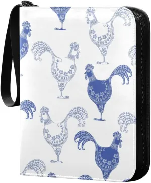 Blue White Cartoon Rooste Pattern Card Binder for Trading Cards, 4 Pocket with 50 Sleeves up to 400 Cards, Double Sided Pockets Card Holder Carry Case for Baseball Card, Football Card, Gaming Cards