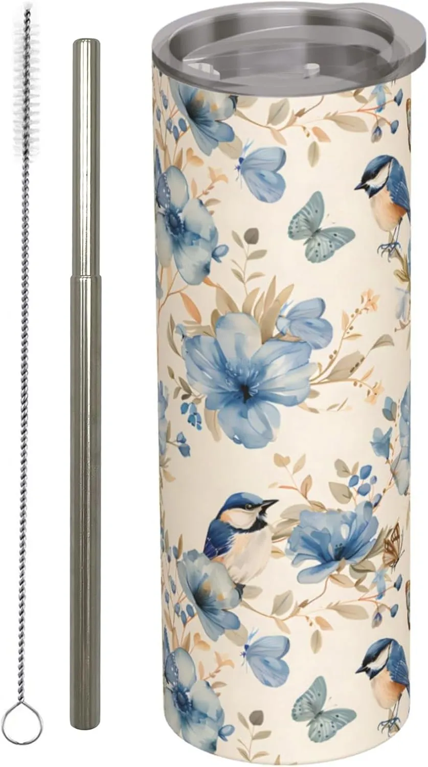 Bluebird and Butterfly Floral Stainless Steel Insulated Tumbler with Lid - 20oz Cute Bird Travel Mug,Reusable Metal Straw & Brush, Double-Wall Vacuum Bottle Cup for Hot and Cold Drinks Gifts