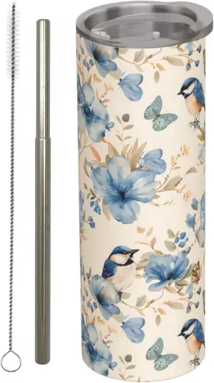Bluebird and Butterfly Floral Stainless Steel Insulated Tumbler with Lid - 20oz Cute Bird Travel Mug,Reusable Metal Straw & Brush, Double-Wall Vacuum Bottle Cup for Hot and Cold Drinks Gifts