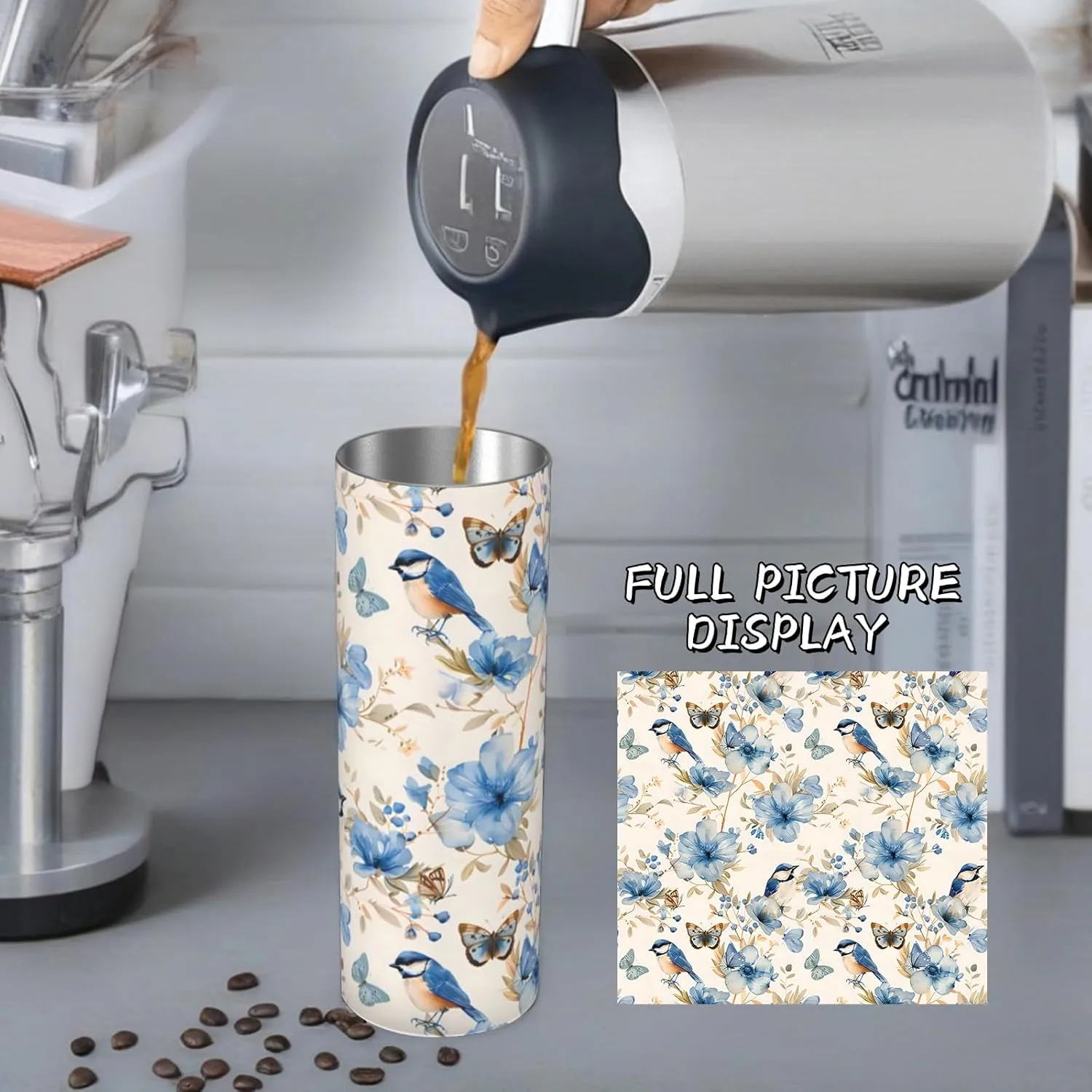 Bluebird and Butterfly Floral Stainless Steel Insulated Tumbler with Lid - 20oz Cute Bird Travel Mug,Reusable Metal Straw & Brush, Double-Wall Vacuum Bottle Cup for Hot and Cold Drinks Gifts