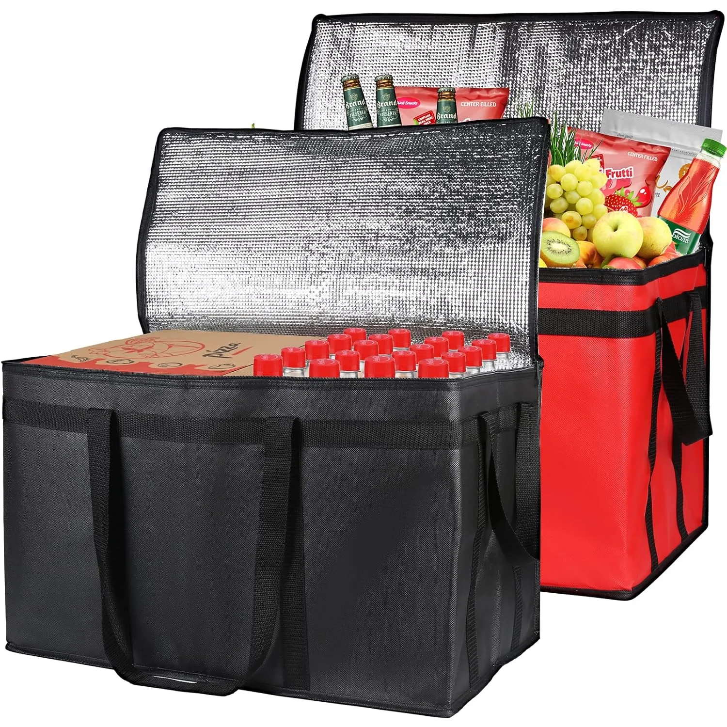 Bodaon 2-Pack Insulated Food Delivery Bag, XXX-Large Meal Grocery Tote Insulation Bag for Hot and cold Food, Commercial, Large Capacity Reusable Warming Bag, Black   Red