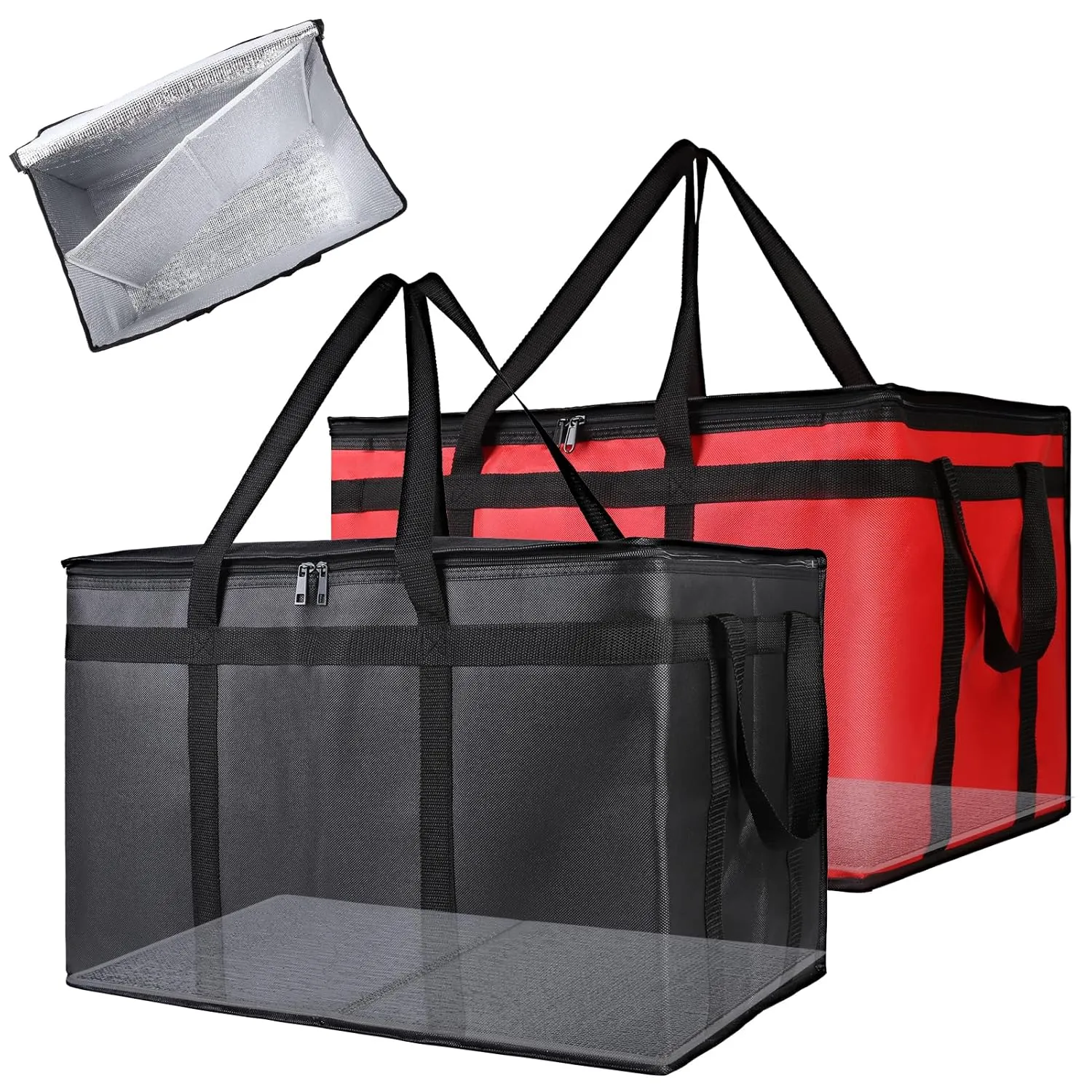 Bodaon Catering Bag with Removable Hard Bottom, XXX-Large Insulated Food/Pizza Delivery Bag for Doordash/Uber Eats, Cooler/Hot Bags, Insulated Grocery Food Warmer Container Supplies (2Pk, Black   Red)