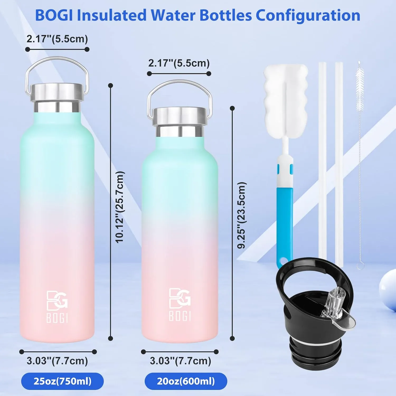 BOGI 20oz Insulated Water Bottle, Wide Mouth Stainless Steel Water Bottles Leakproof Metal Water Bottle with Straw and Handle BPA Free Steel Water Bottle for School Fitness Outdoor Sports-Blue Pink