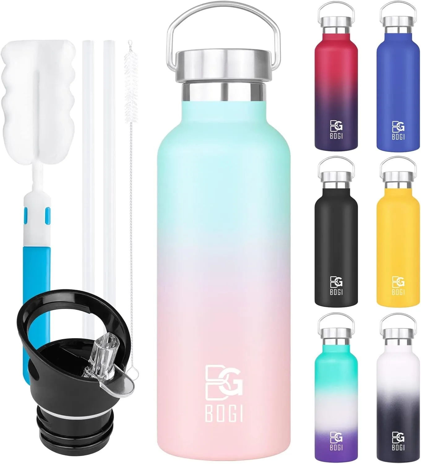 BOGI 20oz Insulated Water Bottle, Wide Mouth Stainless Steel Water Bottles Leakproof Metal Water Bottle with Straw and Handle BPA Free Steel Water Bottle for School Fitness Outdoor Sports-Blue Pink