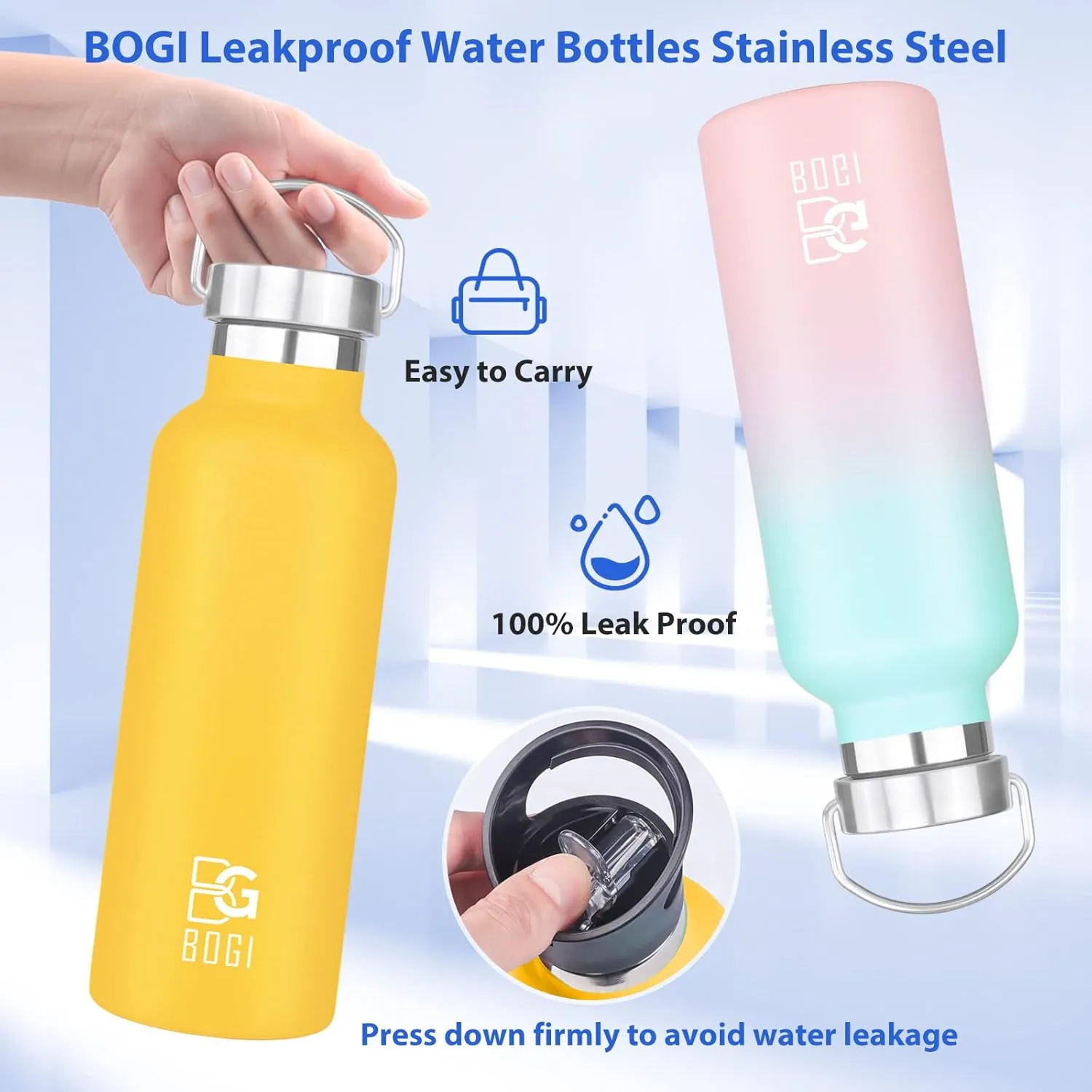 BOGI 20oz Insulated Water Bottle, Wide Mouth Stainless Steel Water Bottles Leakproof Metal Water Bottle with Straw and Handle BPA Free Steel Water Bottle for School Fitness Outdoor Sports-Blue Pink