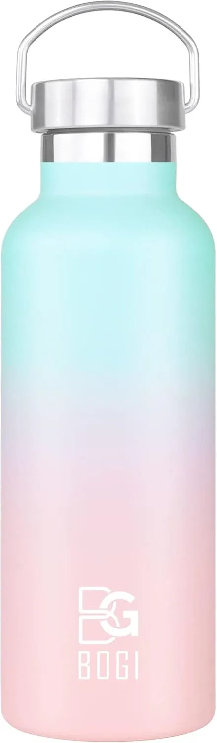 BOGI 20oz Insulated Water Bottle, Wide Mouth Stainless Steel Water Bottles Leakproof Metal Water Bottle with Straw and Handle BPA Free Steel Water Bottle for School Fitness Outdoor Sports-Blue Pink