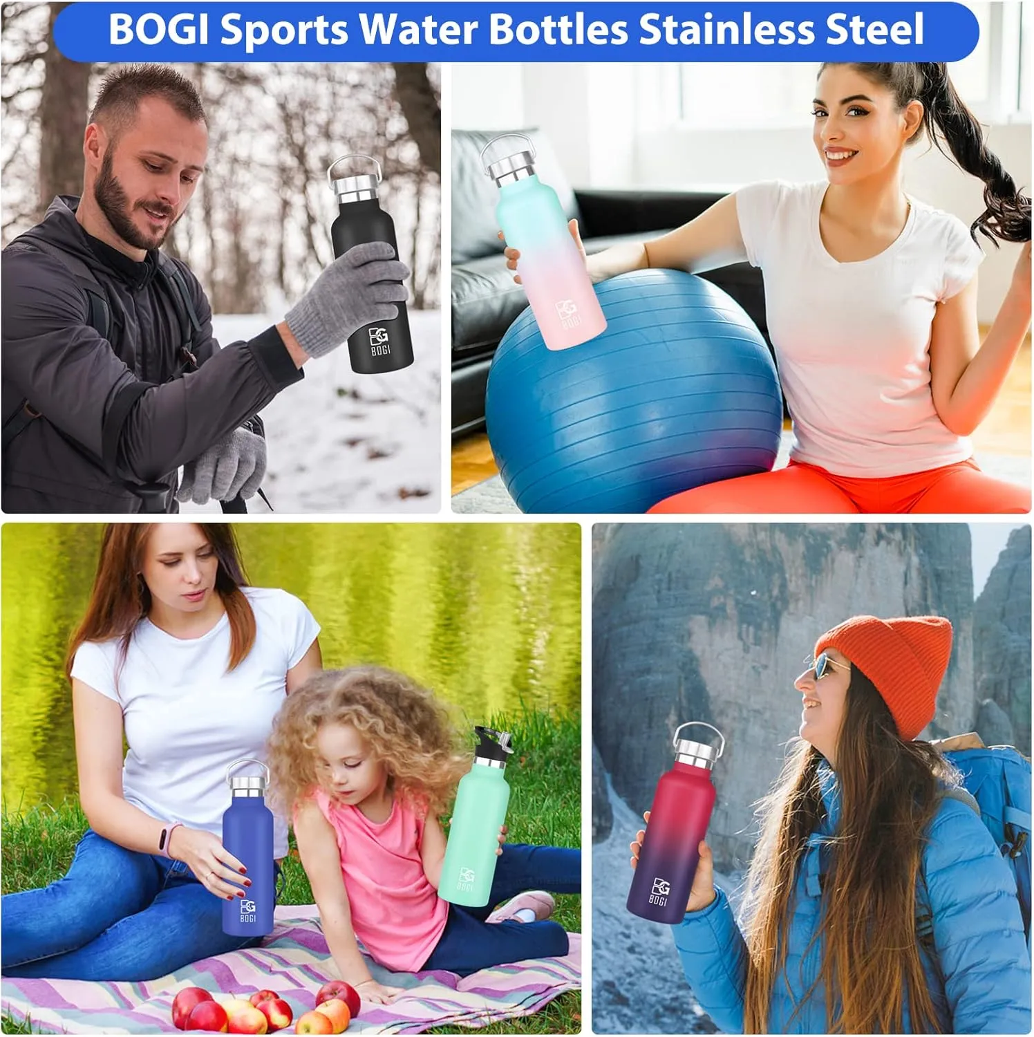 BOGI 20oz Insulated Water Bottle, Wide Mouth Stainless Steel Water Bottles Leakproof Metal Water Bottle with Straw and Handle BPA Free Steel Water Bottle for School Fitness Outdoor Sports-Blue Pink