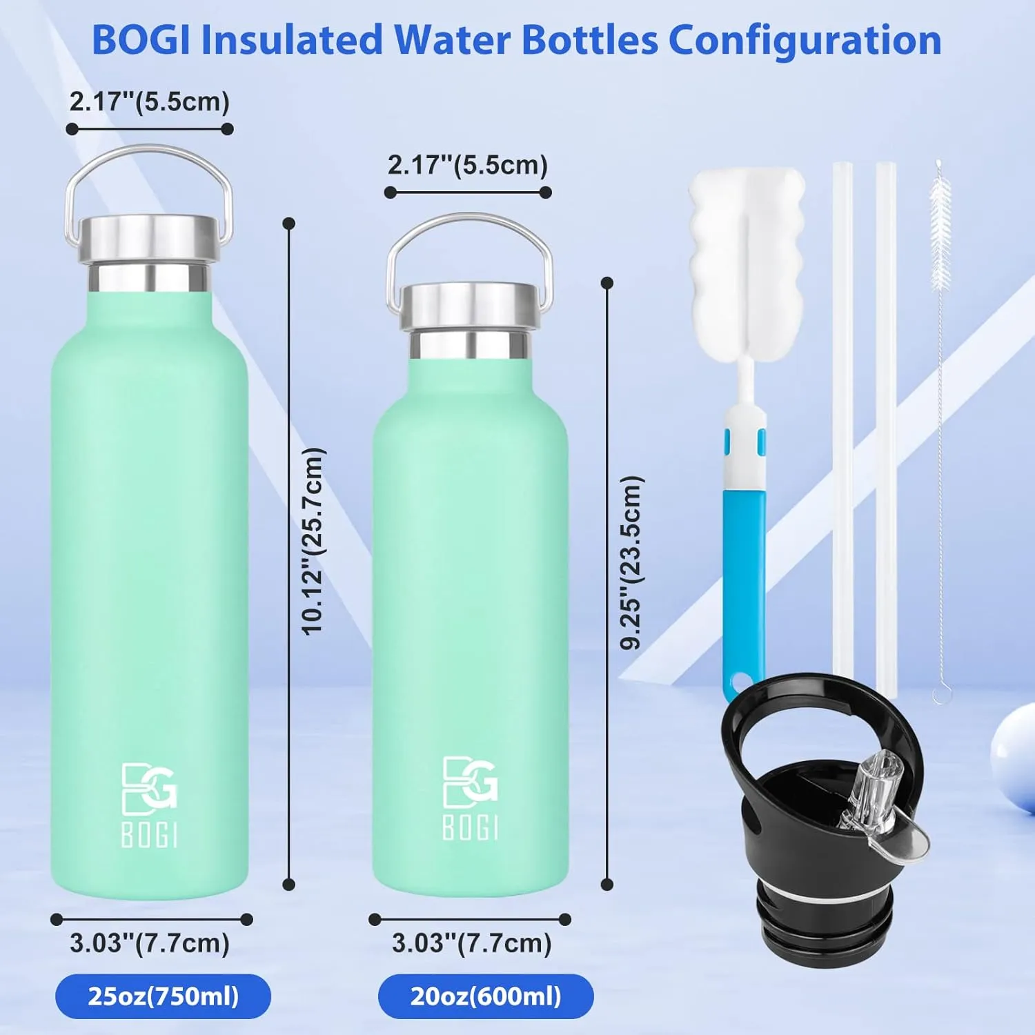 BOGI Insulated Water Bottle 24oz, Wide Mouth Stainless Steel Water Bottles Leakproof Metal Water Bottle with Straw and Handle BPA Free Steel Water Bottle for School Fitness Outdoor Sports-Mint