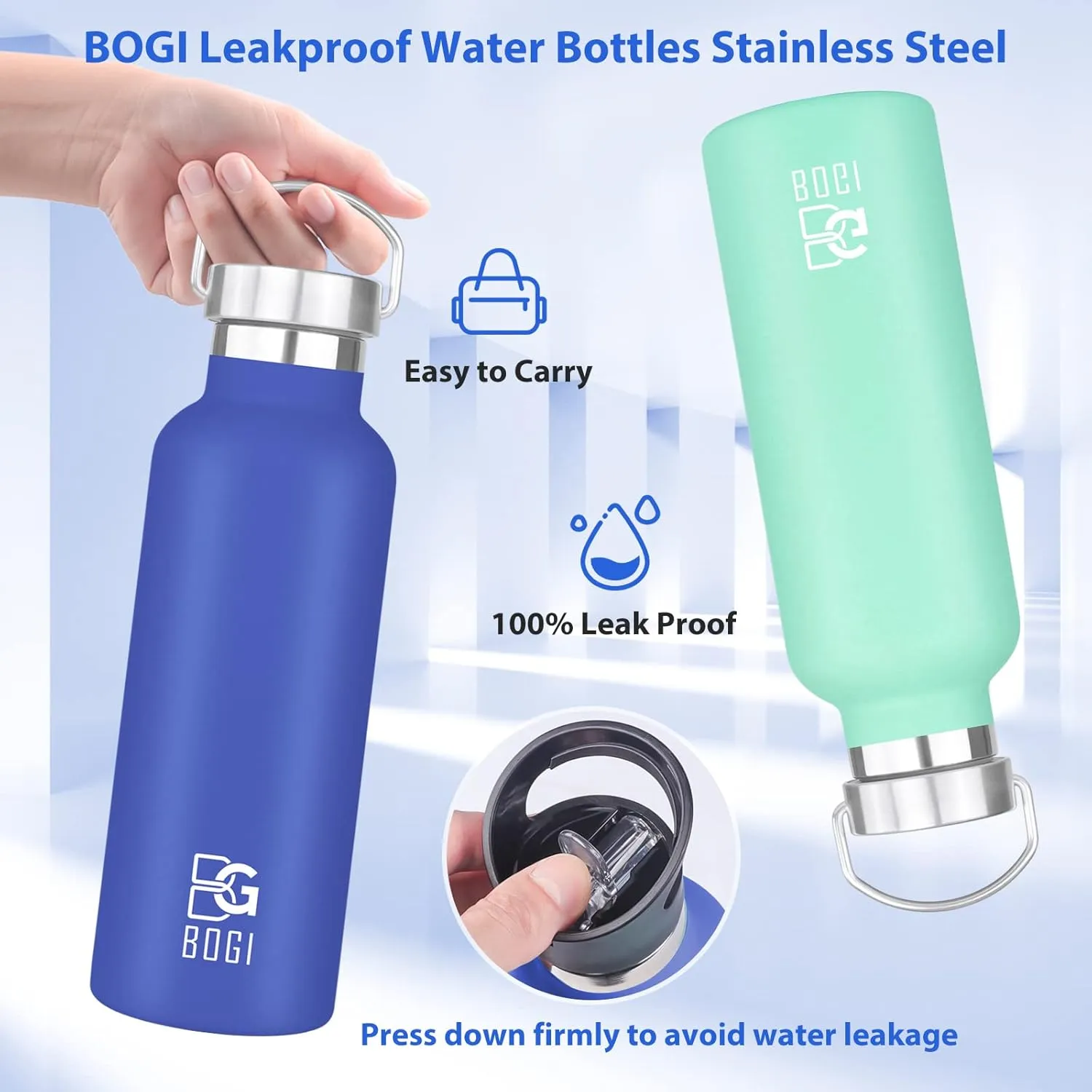 BOGI Insulated Water Bottle 24oz, Wide Mouth Stainless Steel Water Bottles Leakproof Metal Water Bottle with Straw and Handle BPA Free Steel Water Bottle for School Fitness Outdoor Sports-Mint