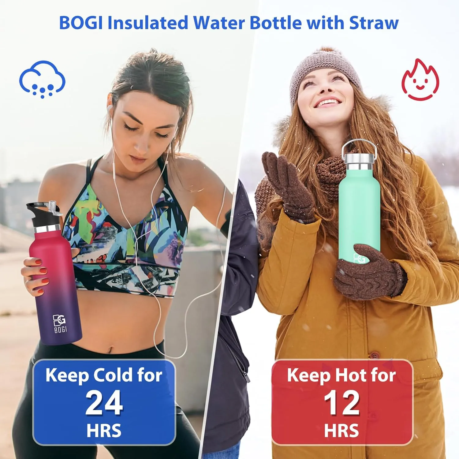 BOGI Insulated Water Bottle 24oz, Wide Mouth Stainless Steel Water Bottles Leakproof Metal Water Bottle with Straw and Handle BPA Free Steel Water Bottle for School Fitness Outdoor Sports-Mint