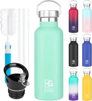 BOGI Insulated Water Bottle 24oz, Wide Mouth Stainless Steel Water Bottles Leakproof Metal Water Bottle with Straw and Handle BPA Free Steel Water Bottle for School Fitness Outdoor Sports-Mint