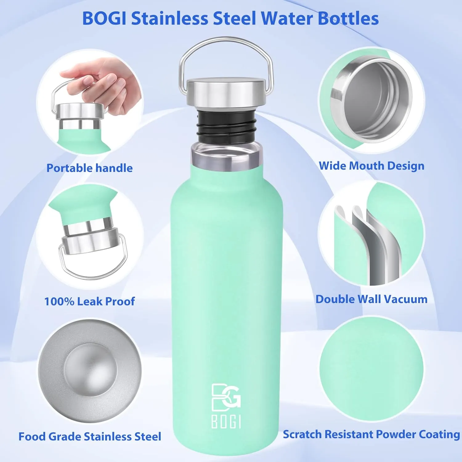 BOGI Insulated Water Bottle 24oz, Wide Mouth Stainless Steel Water Bottles Leakproof Metal Water Bottle with Straw and Handle BPA Free Steel Water Bottle for School Fitness Outdoor Sports-Mint