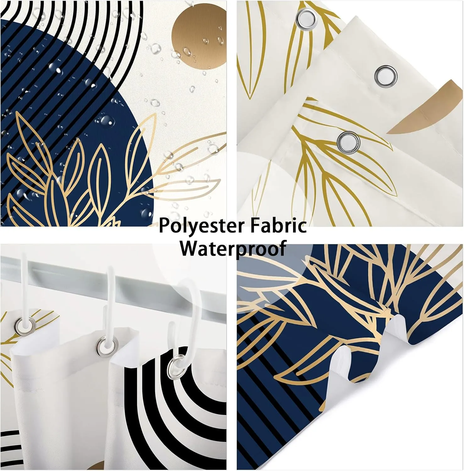 Boho Abstract Shower Curtain, Gold Sun Bohemia Leaves Tropical Mid Century Flower Bath Curtain Decor, Waterproof Bathroom Curtian Accessory Set 12 Hooks 72x72 inch Blue