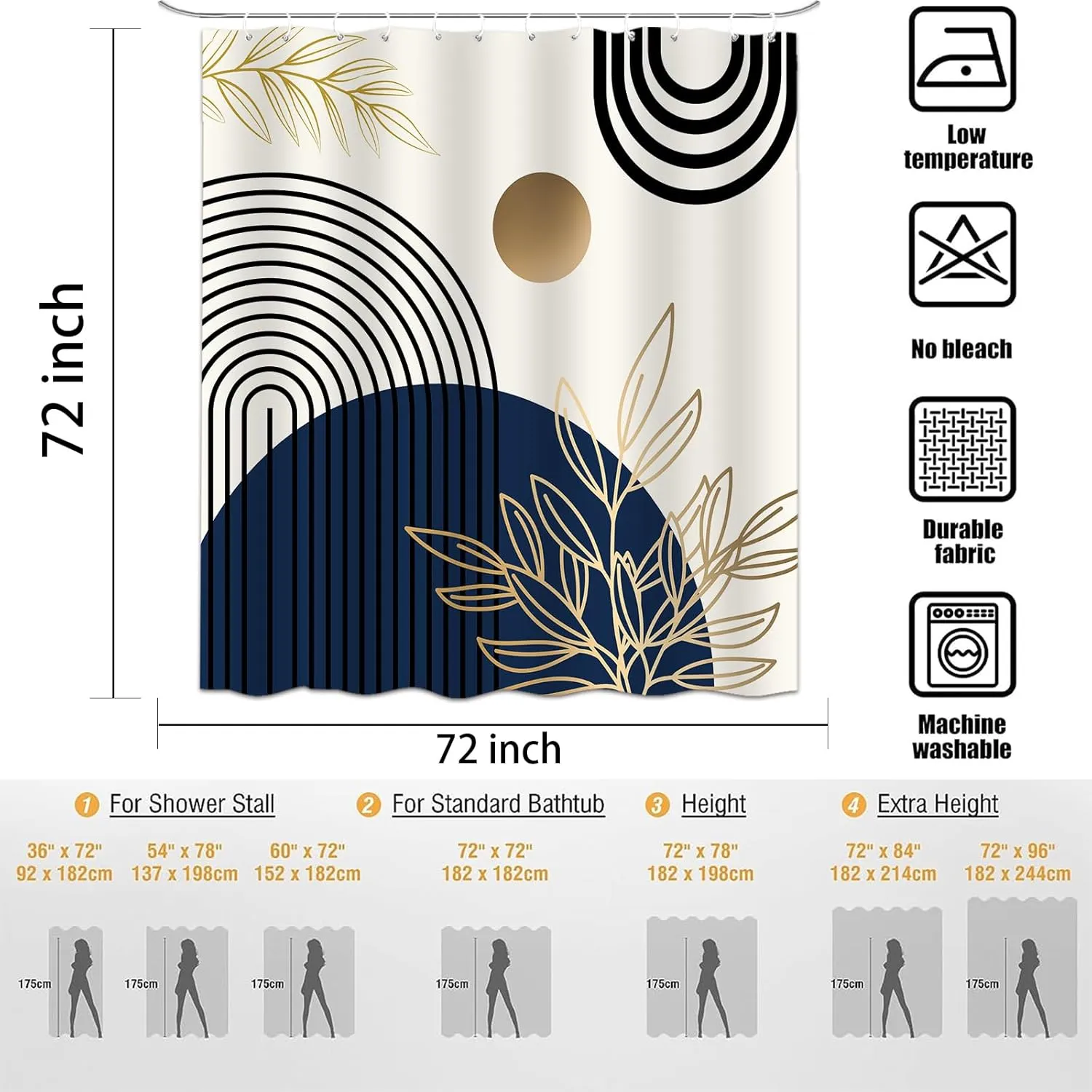 Boho Abstract Shower Curtain, Gold Sun Bohemia Leaves Tropical Mid Century Flower Bath Curtain Decor, Waterproof Bathroom Curtian Accessory Set 12 Hooks 72x72 inch Blue