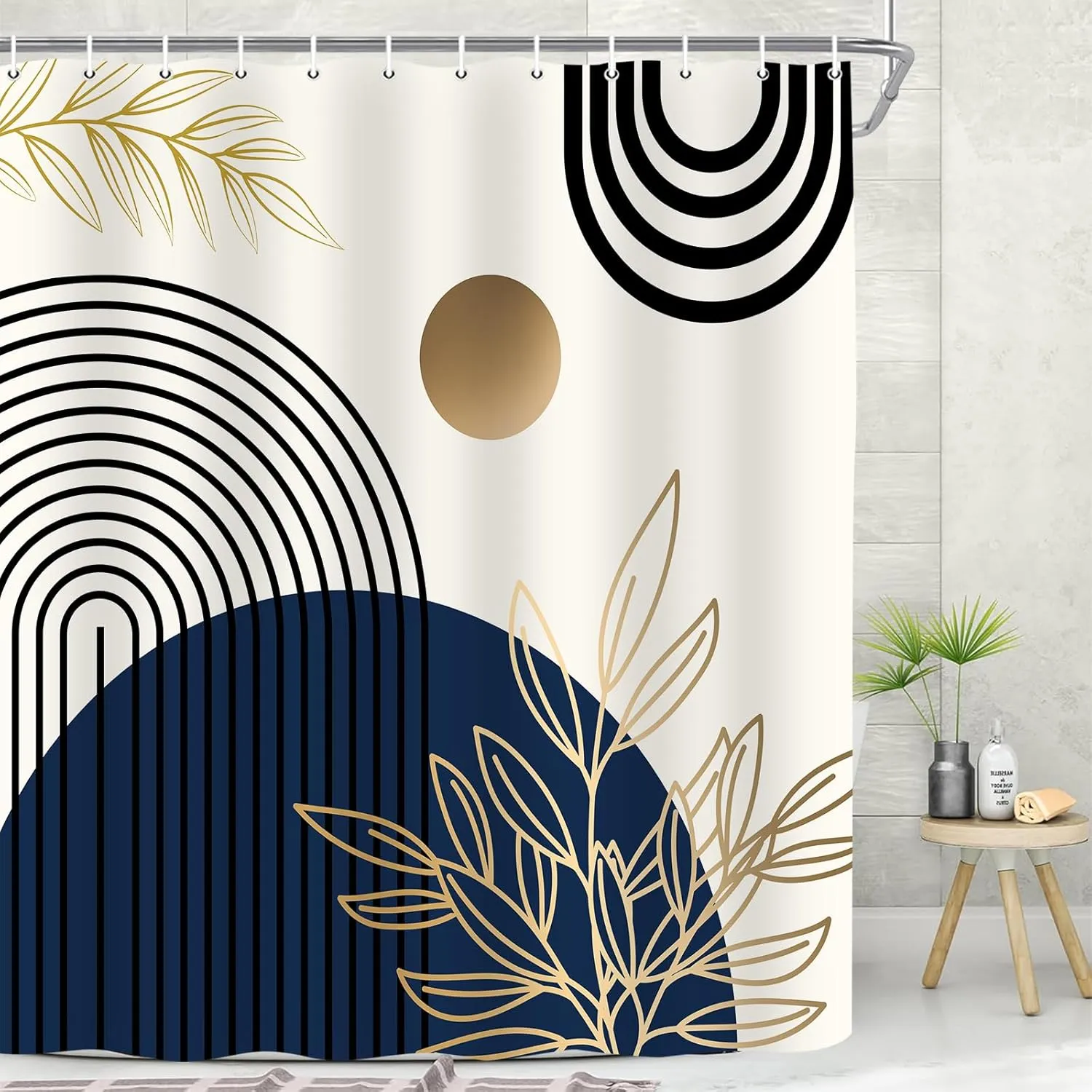 Boho Abstract Shower Curtain, Gold Sun Bohemia Leaves Tropical Mid Century Flower Bath Curtain Decor, Waterproof Bathroom Curtian Accessory Set 12 Hooks 72x72 inch Blue