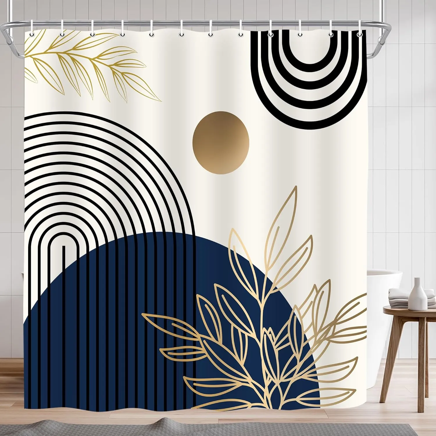 Boho Abstract Shower Curtain, Gold Sun Bohemia Leaves Tropical Mid Century Flower Bath Curtain Decor, Waterproof Bathroom Curtian Accessory Set 12 Hooks 72x72 inch Blue