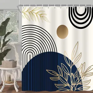 Boho Abstract Shower Curtain, Gold Sun Bohemia Leaves Tropical Mid Century Flower Bath Curtain Decor, Waterproof Bathroom Curtian Accessory Set 12 Hooks 72x72 inch Blue