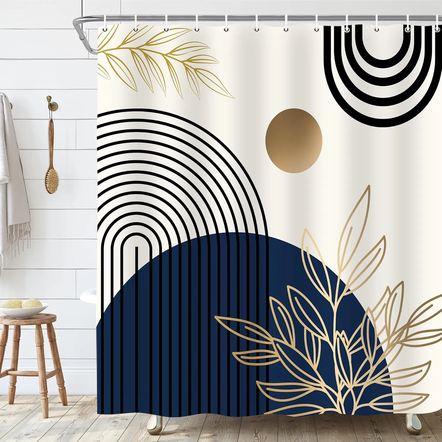 Boho Abstract Shower Curtain, Gold Sun Bohemia Leaves Tropical Mid Century Flower Bath Curtain Decor, Waterproof Bathroom Curtian Accessory Set 12 Hooks 72x72 inch Blue