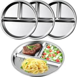 Bosreroy 4 Pcs Stainless Steel Divided Plates with 3 Sections, Round Design, Ideal for Meal Organization at Home, Camping, Or Picnics