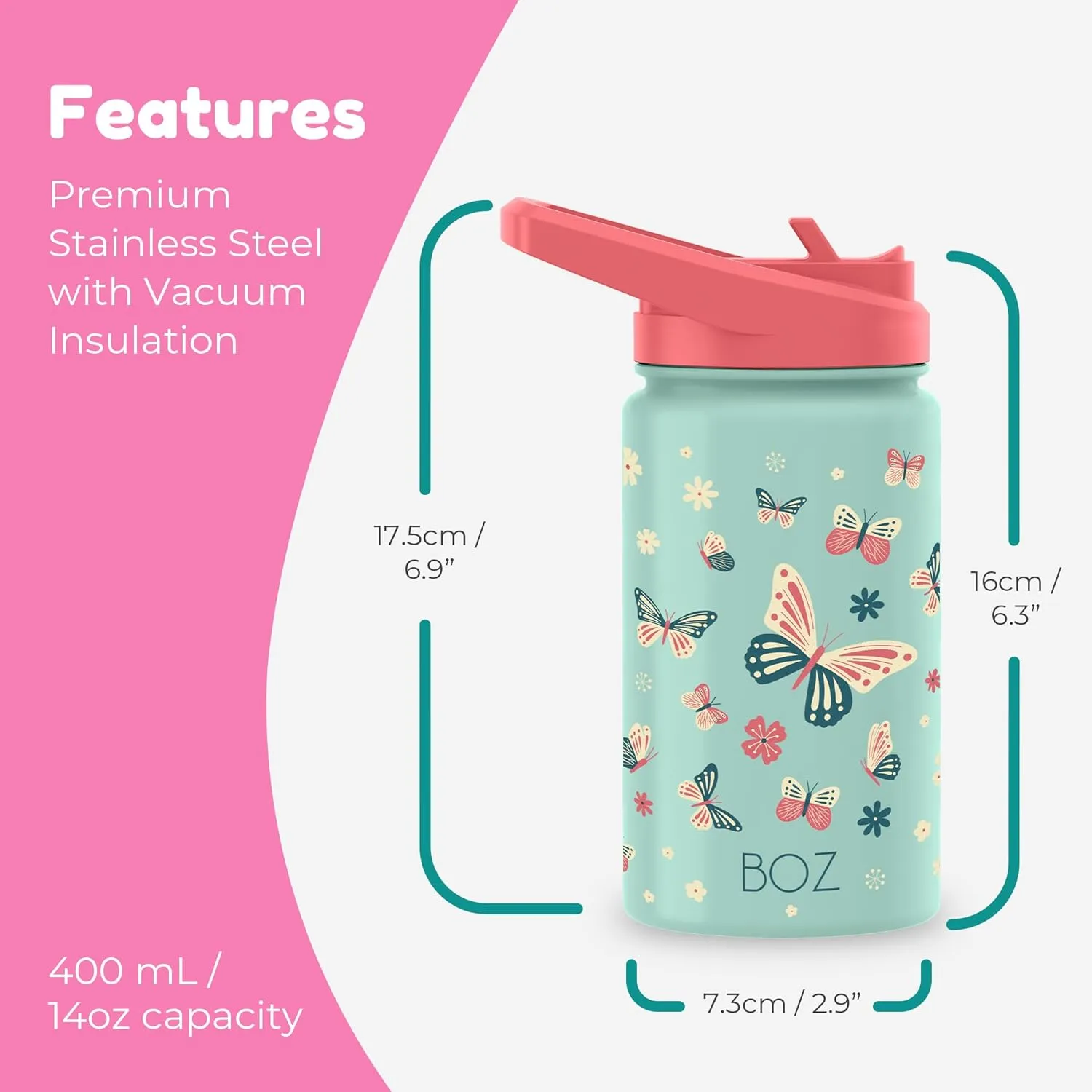 BOZ Kids Insulated Water Bottle with Straw Lid, Stainless Steel Vacuum Double Wall Water Cup, 14 oz (414ml). Scratch-resistant Cute Print and Carry Handle, BPA-free and Dishwasher-safe (Butterfly)