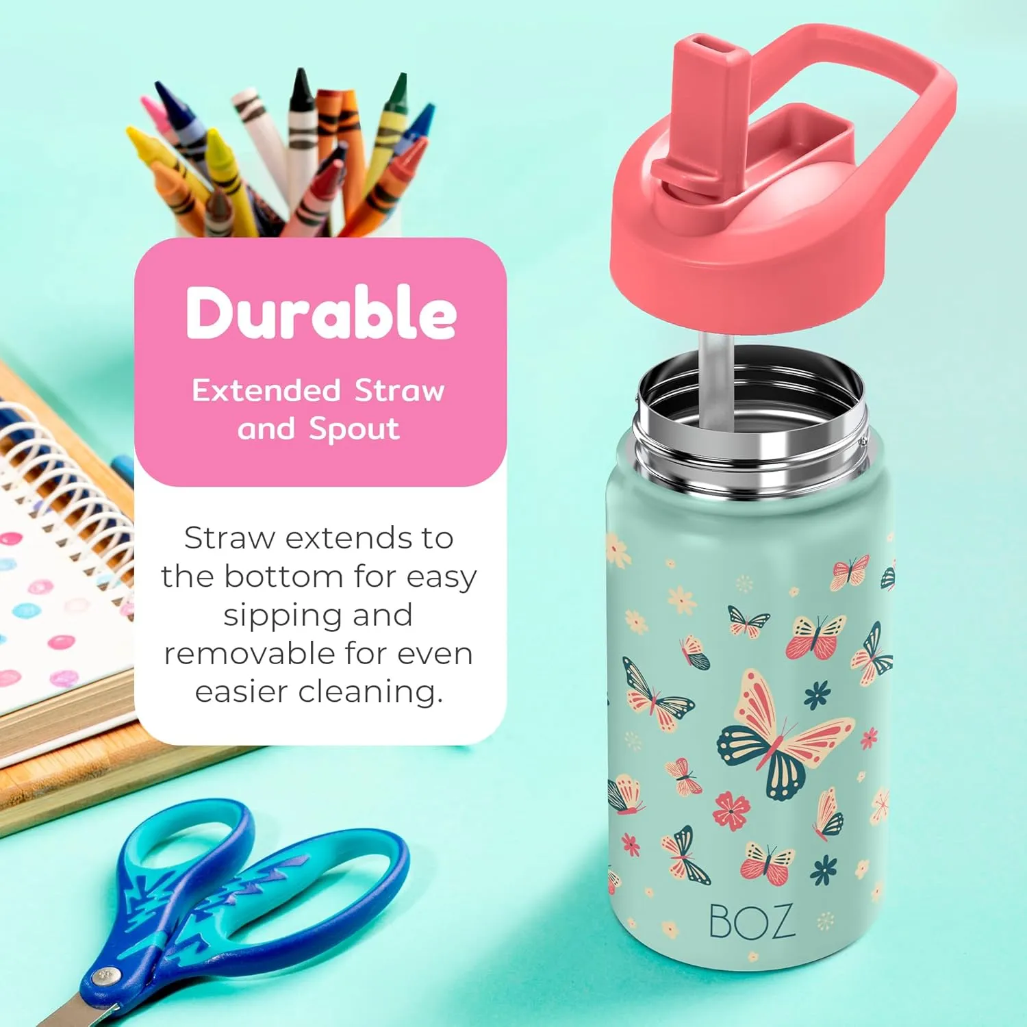 BOZ Kids Insulated Water Bottle with Straw Lid, Stainless Steel Vacuum Double Wall Water Cup, 14 oz (414ml). Scratch-resistant Cute Print and Carry Handle, BPA-free and Dishwasher-safe (Butterfly)