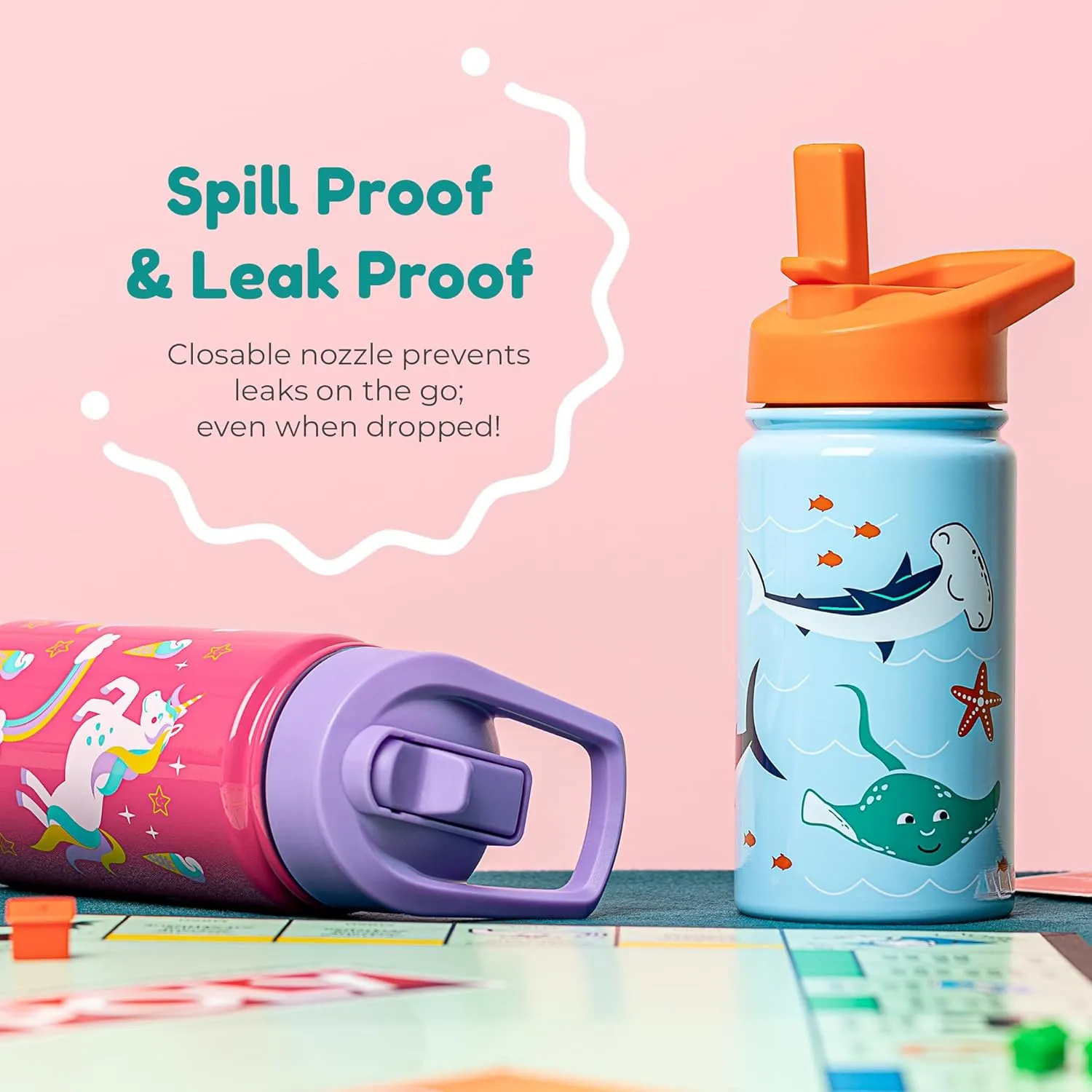 BOZ Kids Insulated Water Bottle with Straw Lid, Stainless Steel Vacuum Double Wall Water Cup, 14 oz (414ml). Scratch-resistant Cute Print and Carry Handle, BPA-free and Dishwasher-safe (Butterfly)