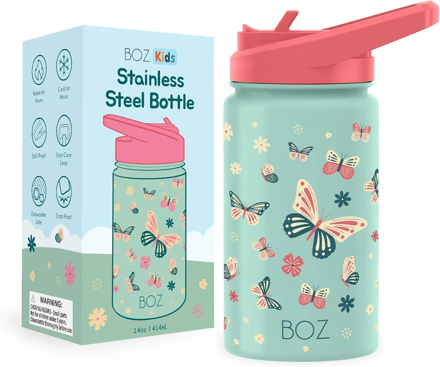 BOZ Kids Insulated Water Bottle with Straw Lid, Stainless Steel Vacuum Double Wall Water Cup, 14 oz (414ml). Scratch-resistant Cute Print and Carry Handle, BPA-free and Dishwasher-safe (Butterfly)