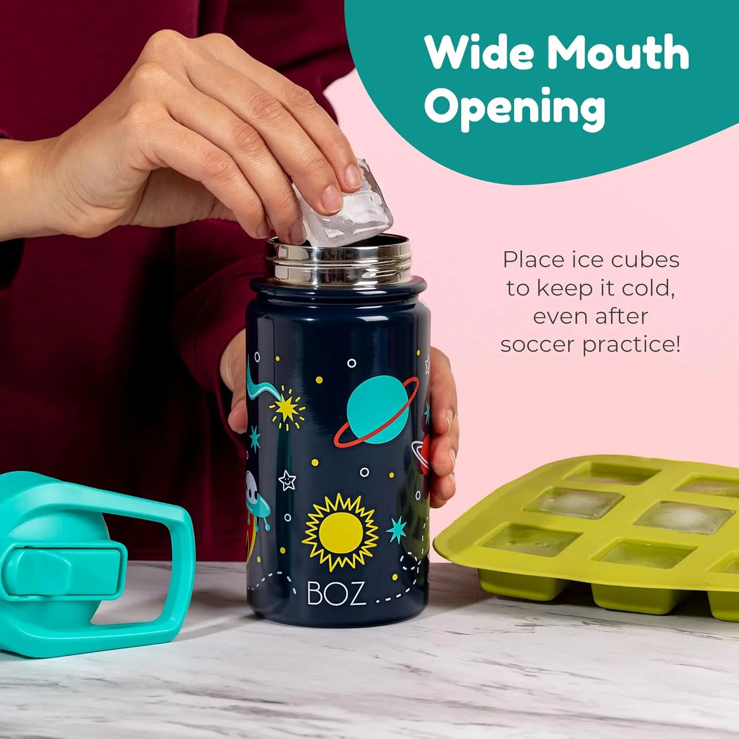 BOZ Kids Insulated Water Bottle with Straw Lid, Stainless Steel Vacuum Double Wall Water Cup, 14 oz (414ml). Scratch-resistant Cute Print and Carry Handle, BPA-free and Dishwasher-safe (Butterfly)