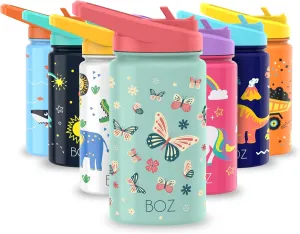BOZ Kids Insulated Water Bottle with Straw Lid, Stainless Steel Vacuum Double Wall Water Cup, 14 oz (414ml). Scratch-resistant Cute Print and Carry Handle, BPA-free and Dishwasher-safe (Butterfly)