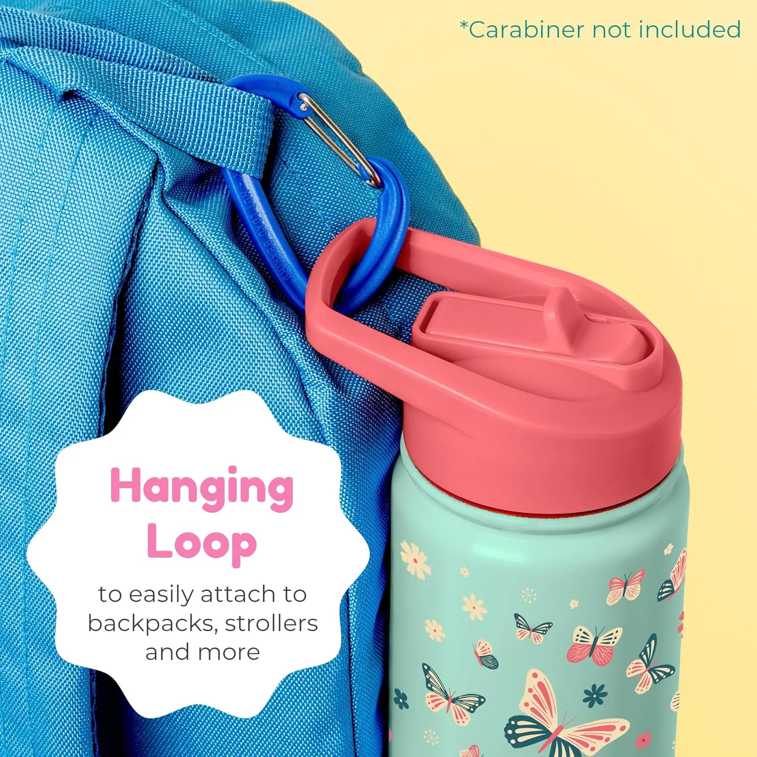 BOZ Kids Insulated Water Bottle with Straw Lid, Stainless Steel Vacuum Double Wall Water Cup, 14 oz (414ml). Scratch-resistant Cute Print and Carry Handle, BPA-free and Dishwasher-safe (Butterfly)