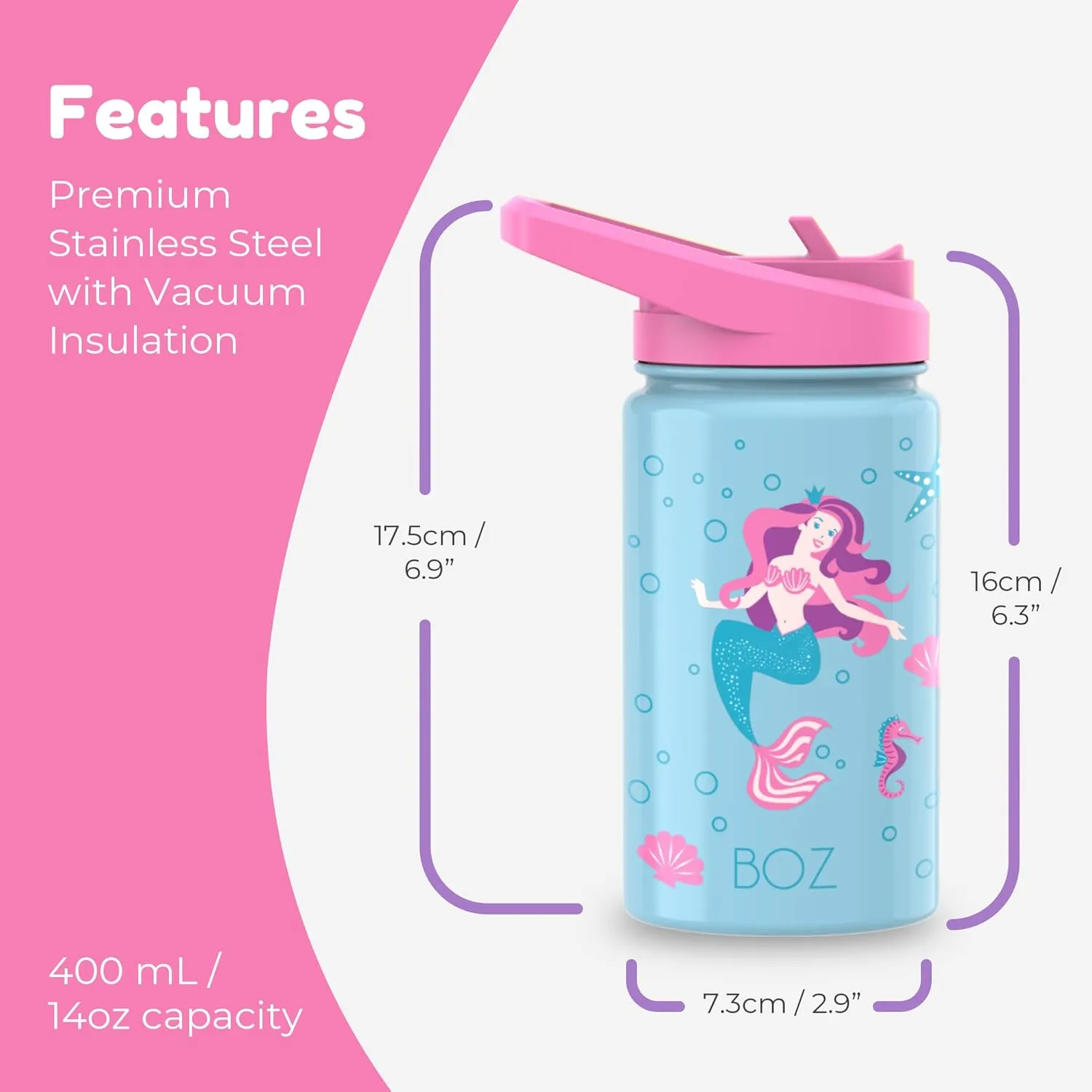BOZ Kids Stainless Steel Insulated Water Bottle for School with Straw Lid, Leak Proof for Toddlers, 14 oz (414ml) (Mermaid)