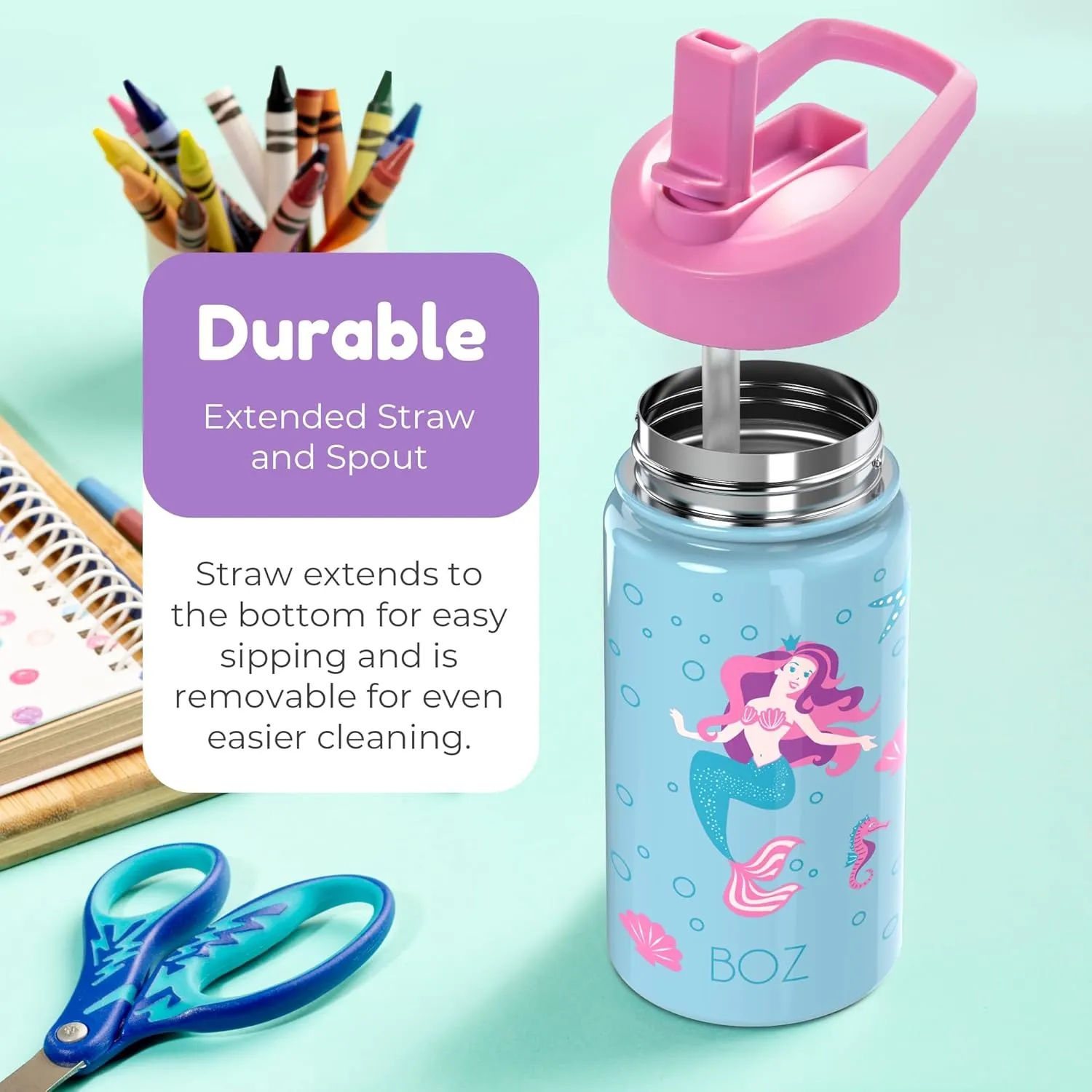 BOZ Kids Stainless Steel Insulated Water Bottle for School with Straw Lid, Leak Proof for Toddlers, 14 oz (414ml) (Mermaid)