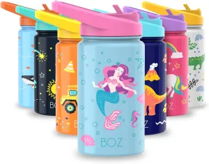 BOZ Kids Stainless Steel Insulated Water Bottle for School with Straw Lid, Leak Proof for Toddlers, 14 oz (414ml) (Mermaid)