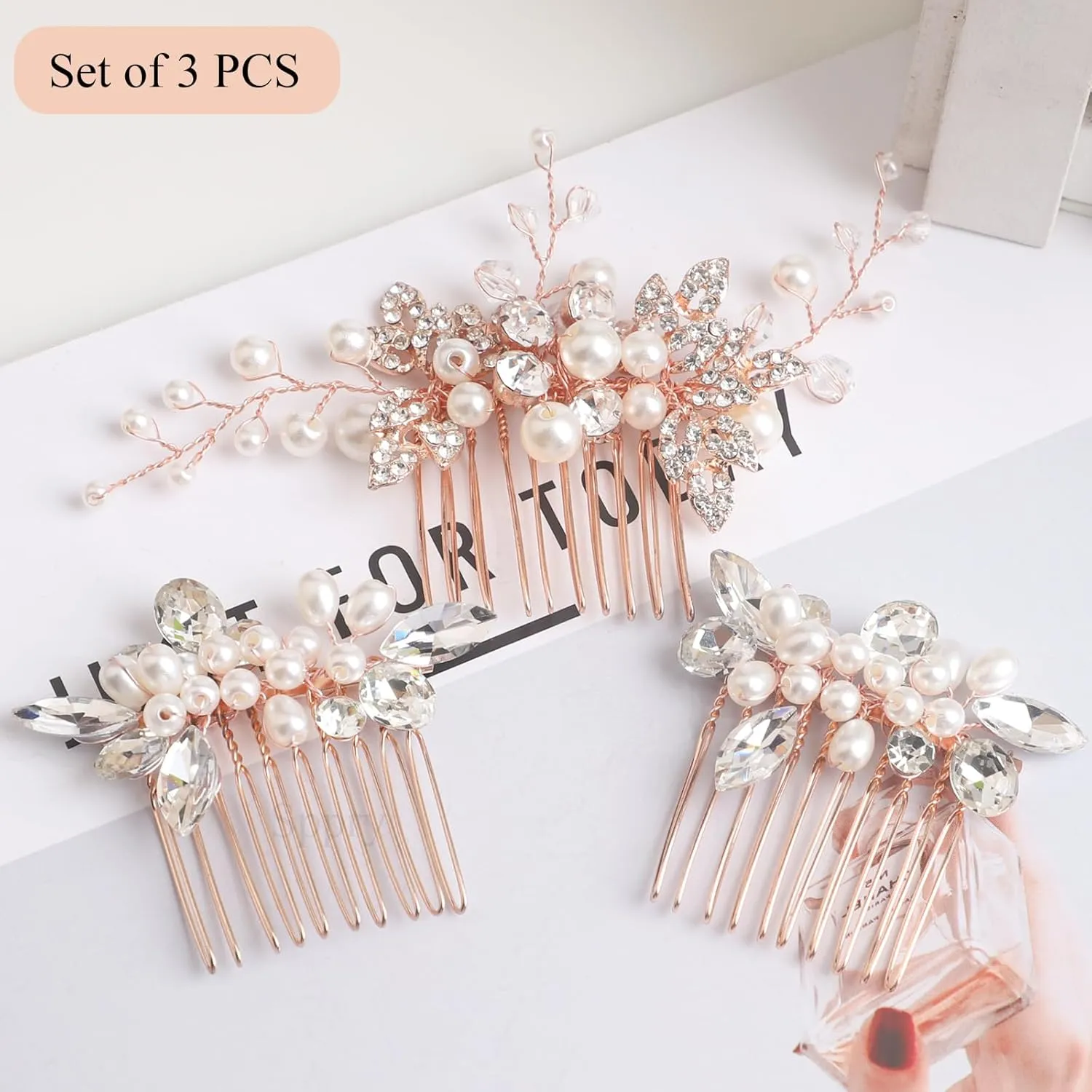 Bridal Hair Comb - Bendable Pearl Crystal Hair Accessory for Women at Wedding, Rose Gold