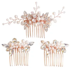 Bridal Hair Comb - Bendable Pearl Crystal Hair Accessory for Women at Wedding, Rose Gold