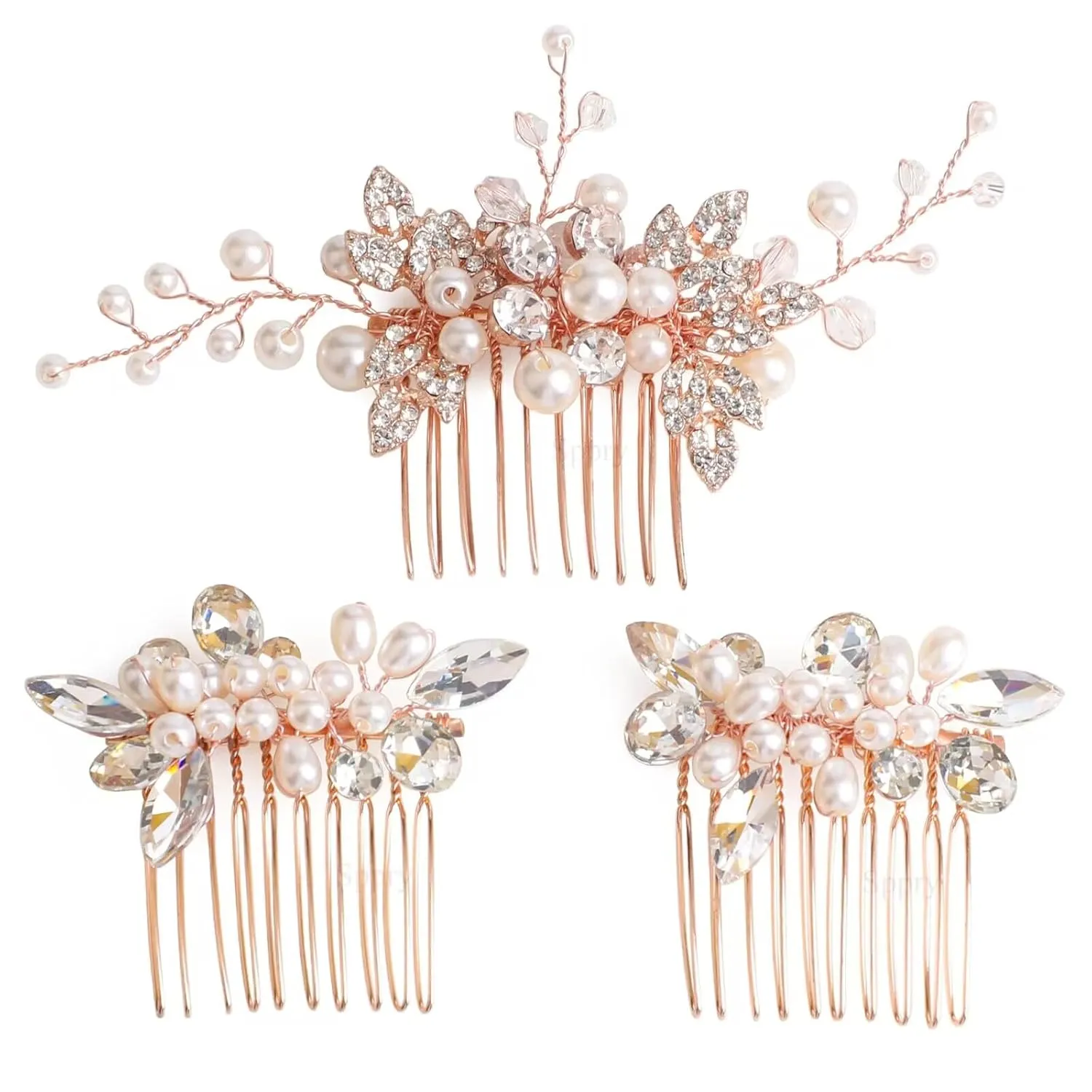Bridal Hair Comb - Bendable Pearl Crystal Hair Accessory for Women at Wedding, Rose Gold
