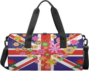 British Flower Love Flag Sports Duffel Bag, Gym Tote Bag Waterproof Weekender Travel Bag for Overnight Travel Luggage Workout Women Men