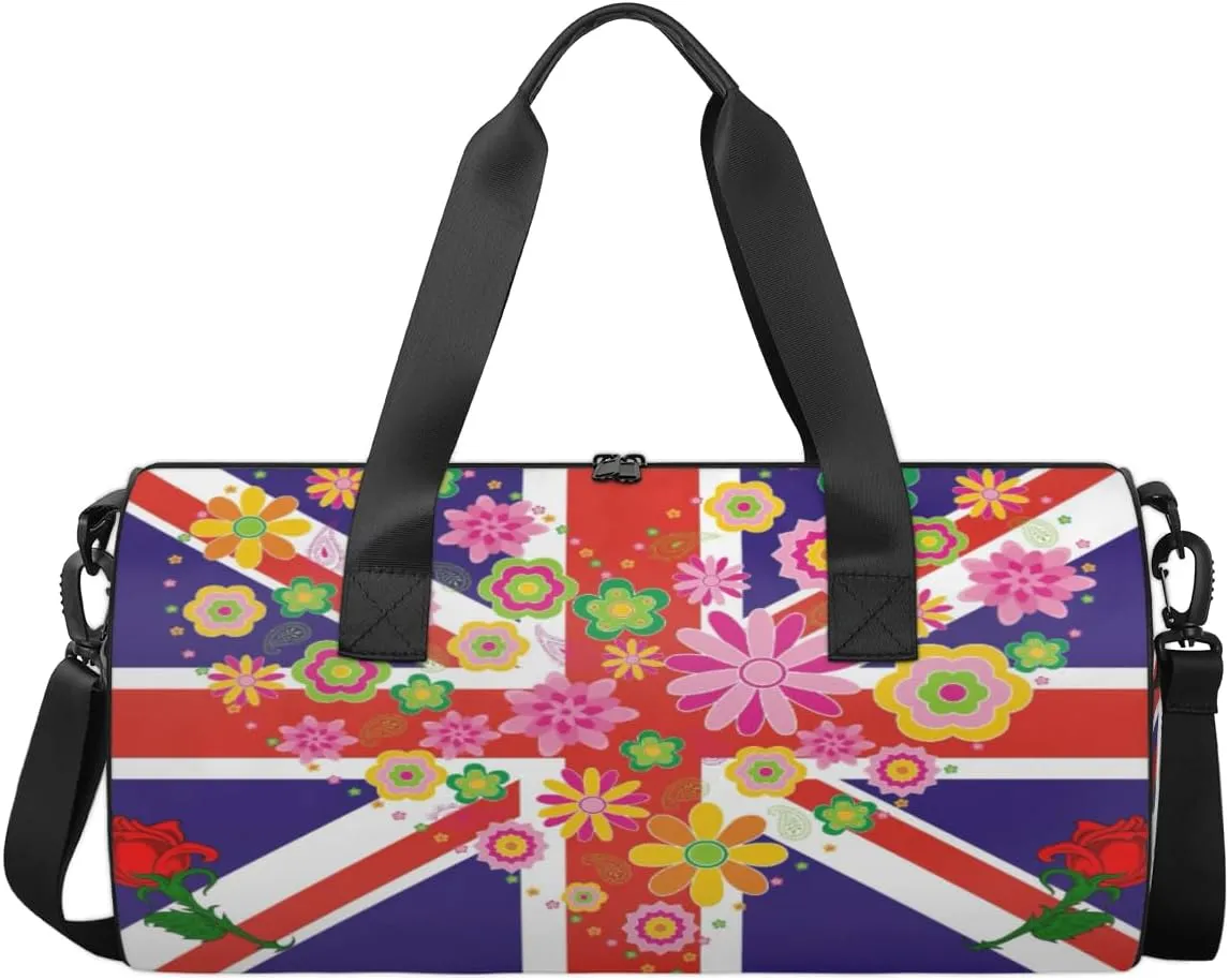 British Flower Love Flag Sports Duffel Bag, Gym Tote Bag Waterproof Weekender Travel Bag for Overnight Travel Luggage Workout Women Men