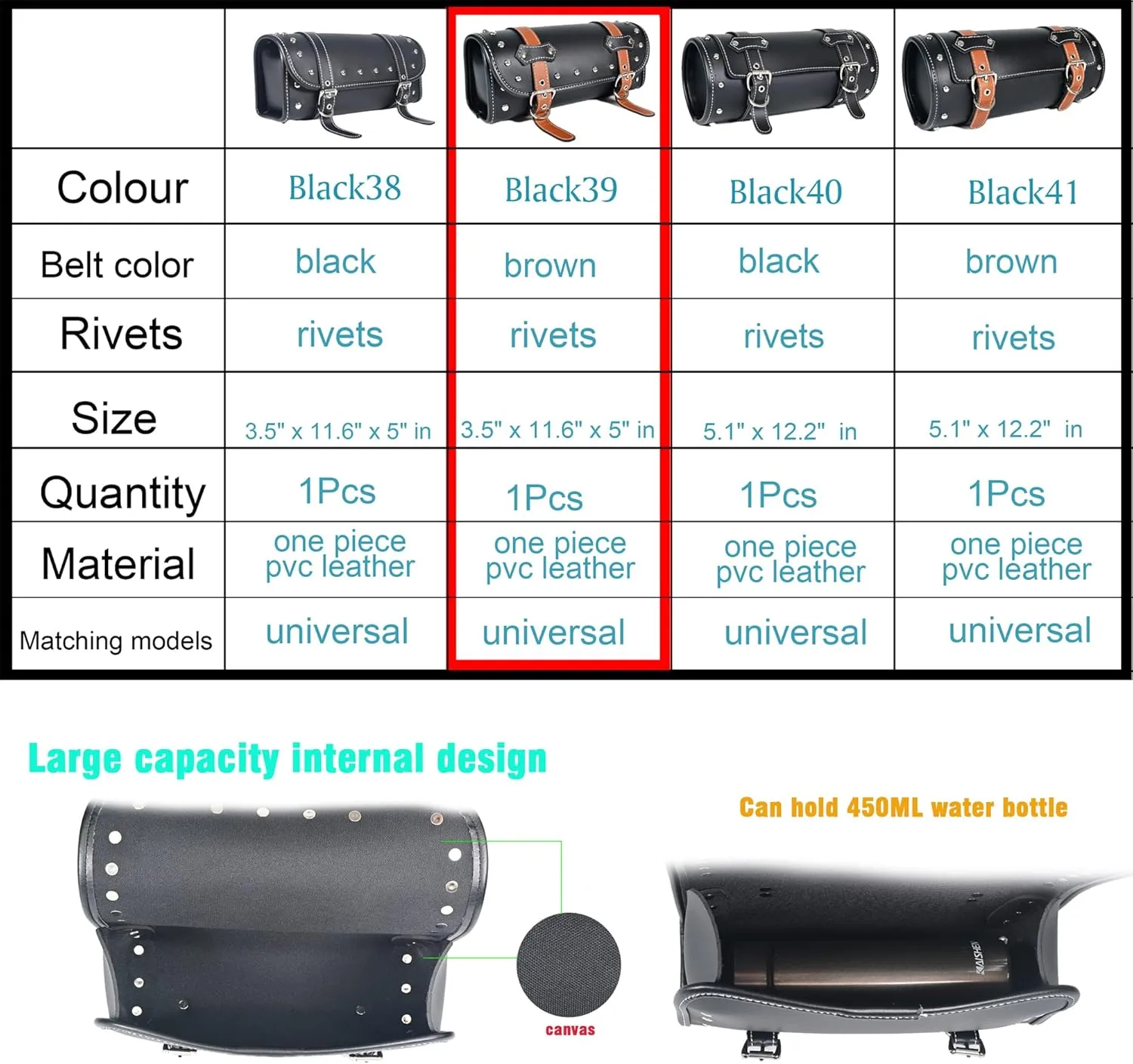 Brown PVC Faux Leather Universal Motorcycle Tool Bag | Fork & Handlebar Bag | Sissy Bar Storage | Black